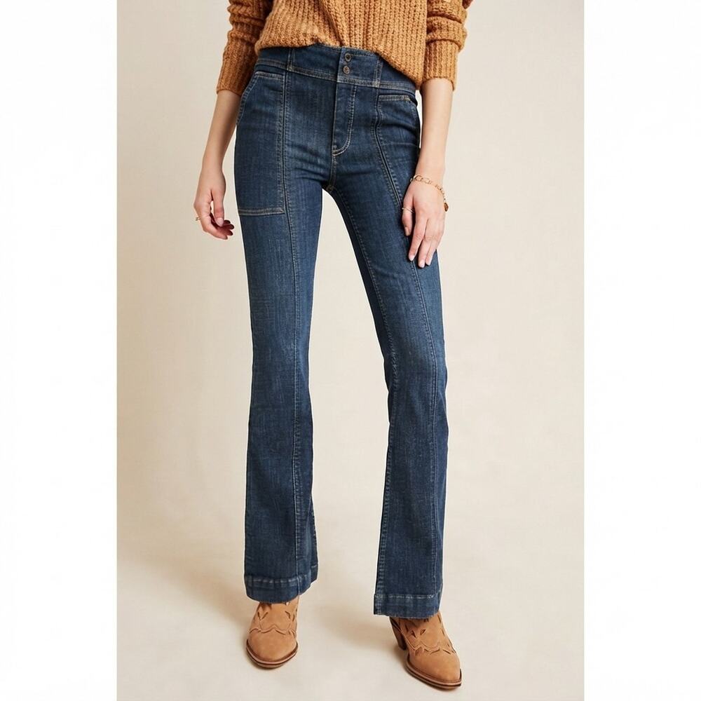 Pilcro Letterpress Womens 27 High Rise Trouser Bootcut Utility Jeans Dark Wash